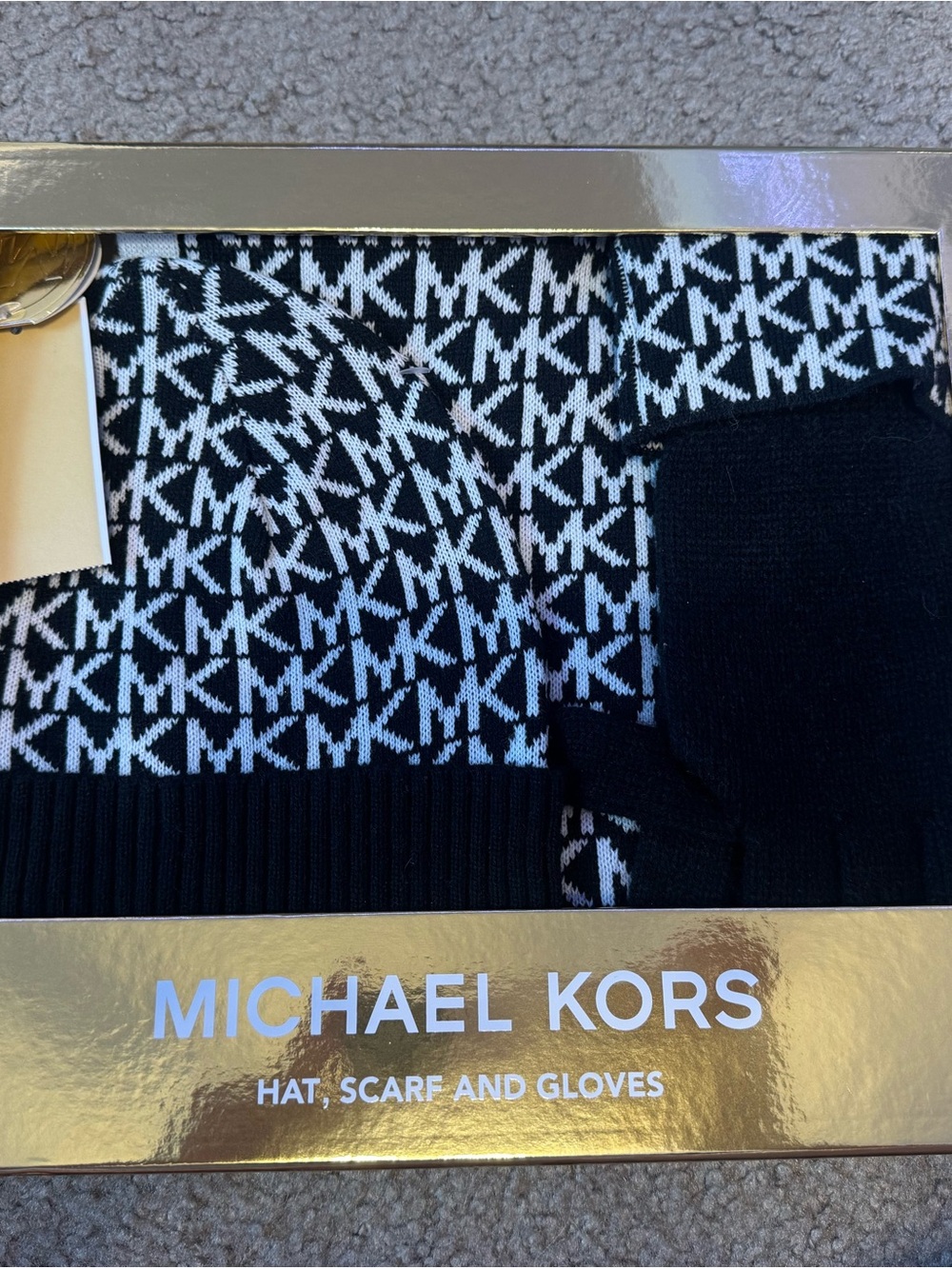 Michael Kors Black & White MK Logo Scarf, Hat and Gloves Set